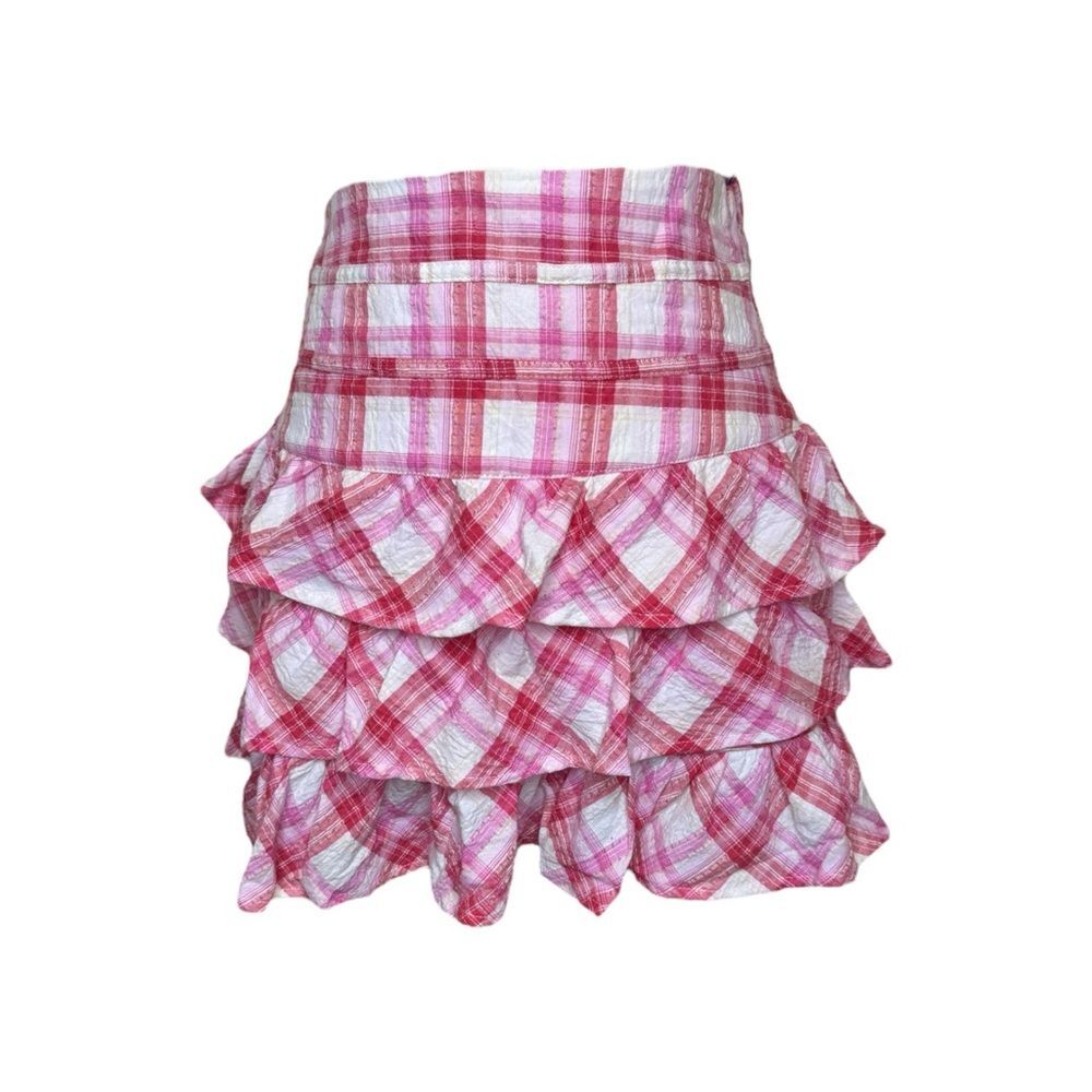 Y2K Faded Glory Plaid White + Pink Ruffle Tiered Mini Skirt Size Small